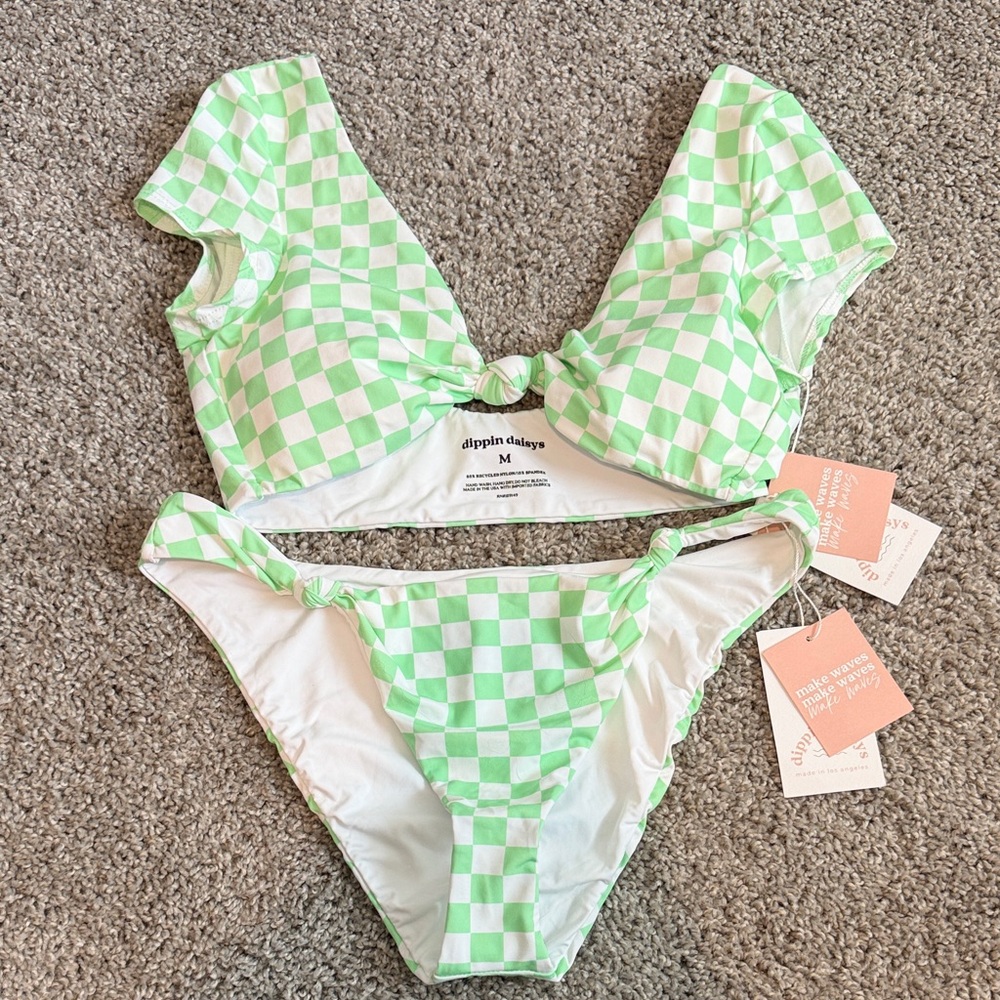 Dippin' Daisy's Green and White Checkerboard Tie-Front Crop Top